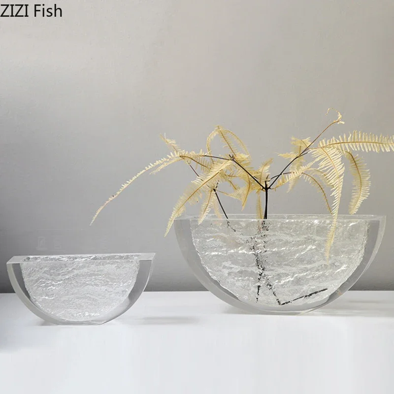 Semi-circular Transparent Vase Ice Texture Flower Pots Desk Decoration Flowers Arrangement Floral Vases Room Aesthetic Decor