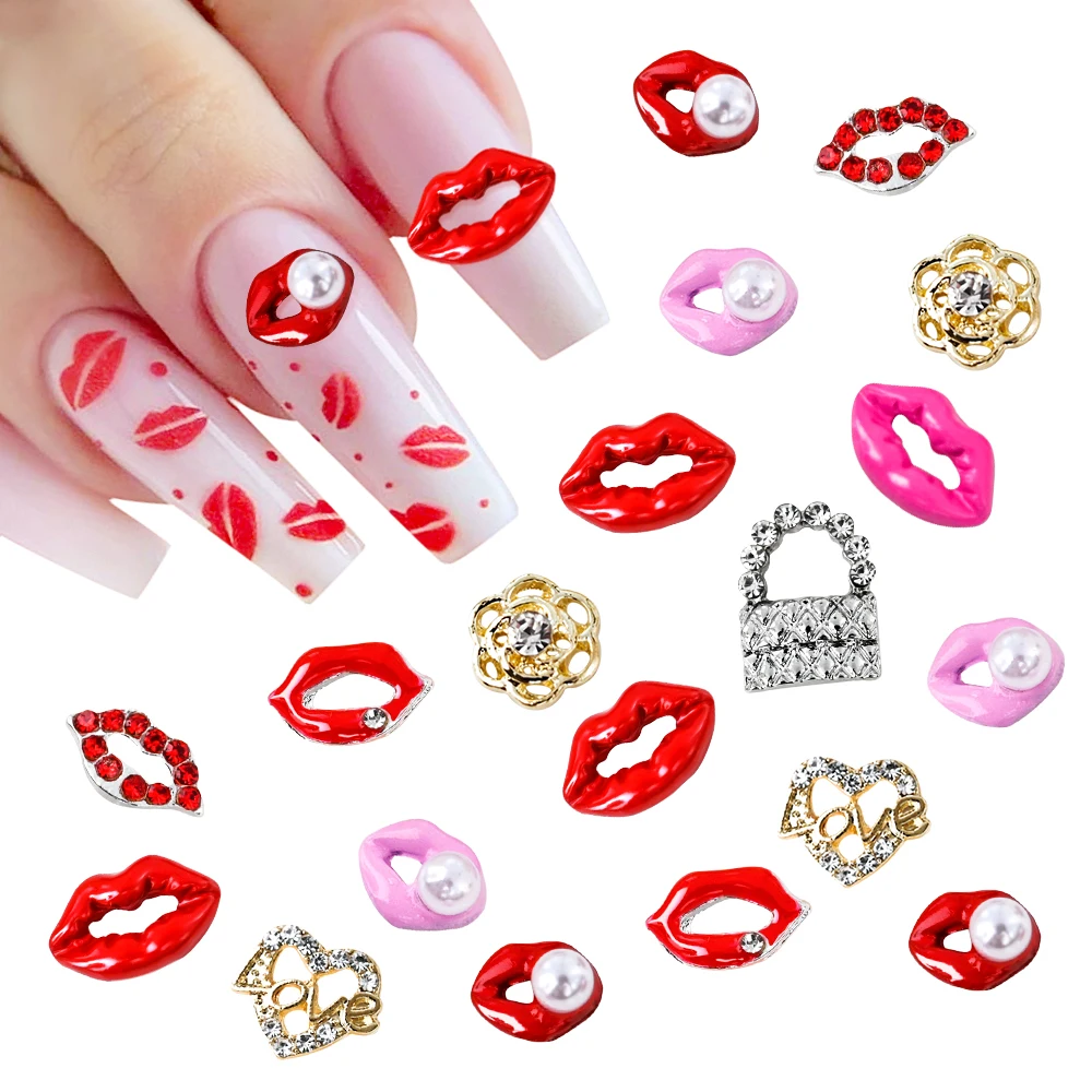 

10Pcs Alloy Valentine's Day Nail Art Charms Shining Love Heart Flowers Crystal Rhinestones Red Lip Shape Elegant Nail Jewelry