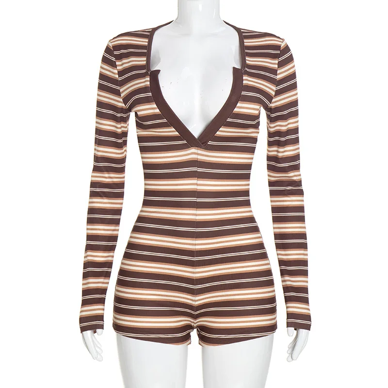 JENYAGE Damen Gestreifter Gerippter Romper mit Tiefem V-Ausschnitt, Langen Ärmeln, Figurbetonter Kurzer Overall, Sexy Club-Outfit, Brauner Streifen, Einteiliger Playsuit – Detail 8