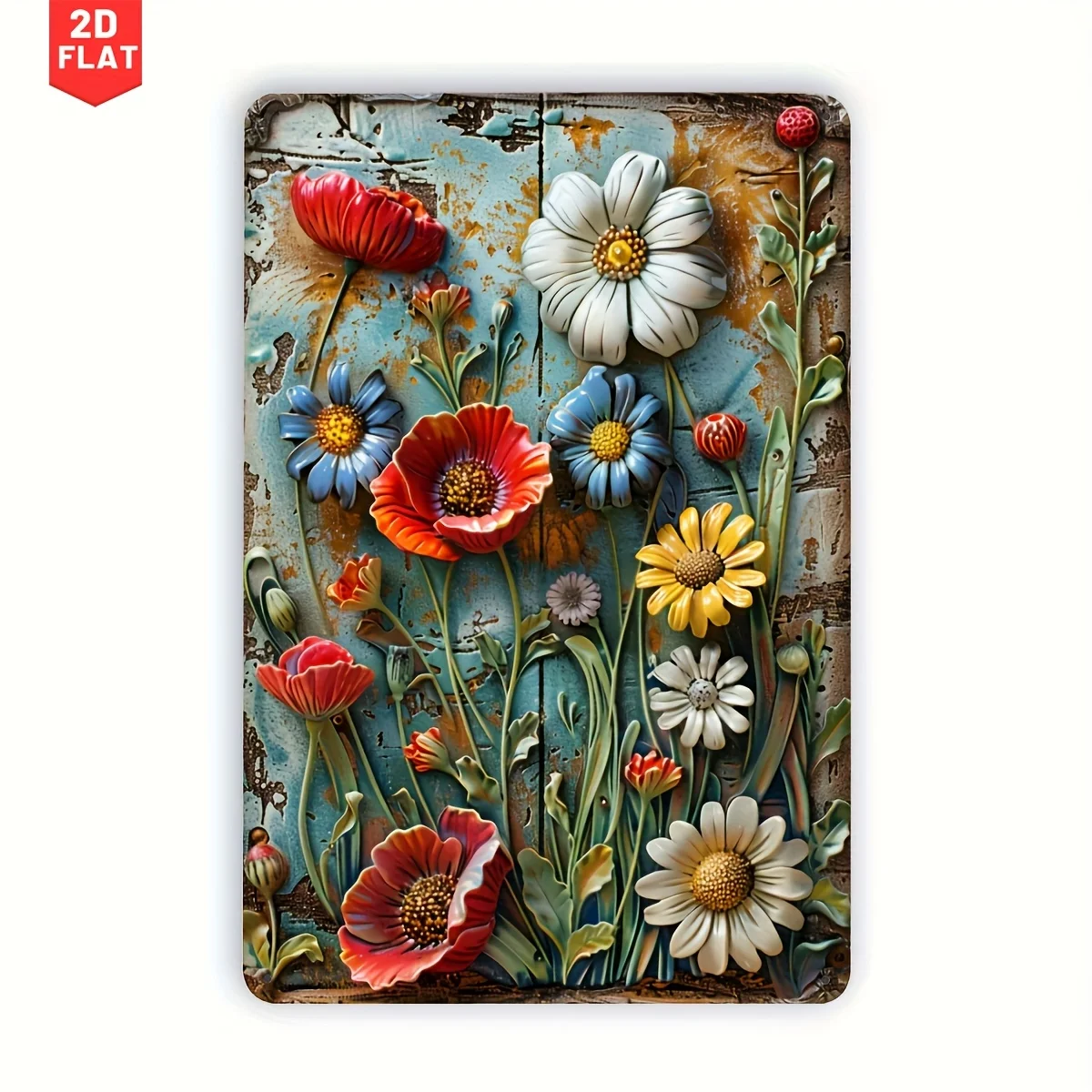 [2D Flat] Vintage Daisy Metal Tin Sign - 2D Flat, Colorful Floral Wall Art for Home, Bar, Cafe, Garage - Rustic Iron Decor with