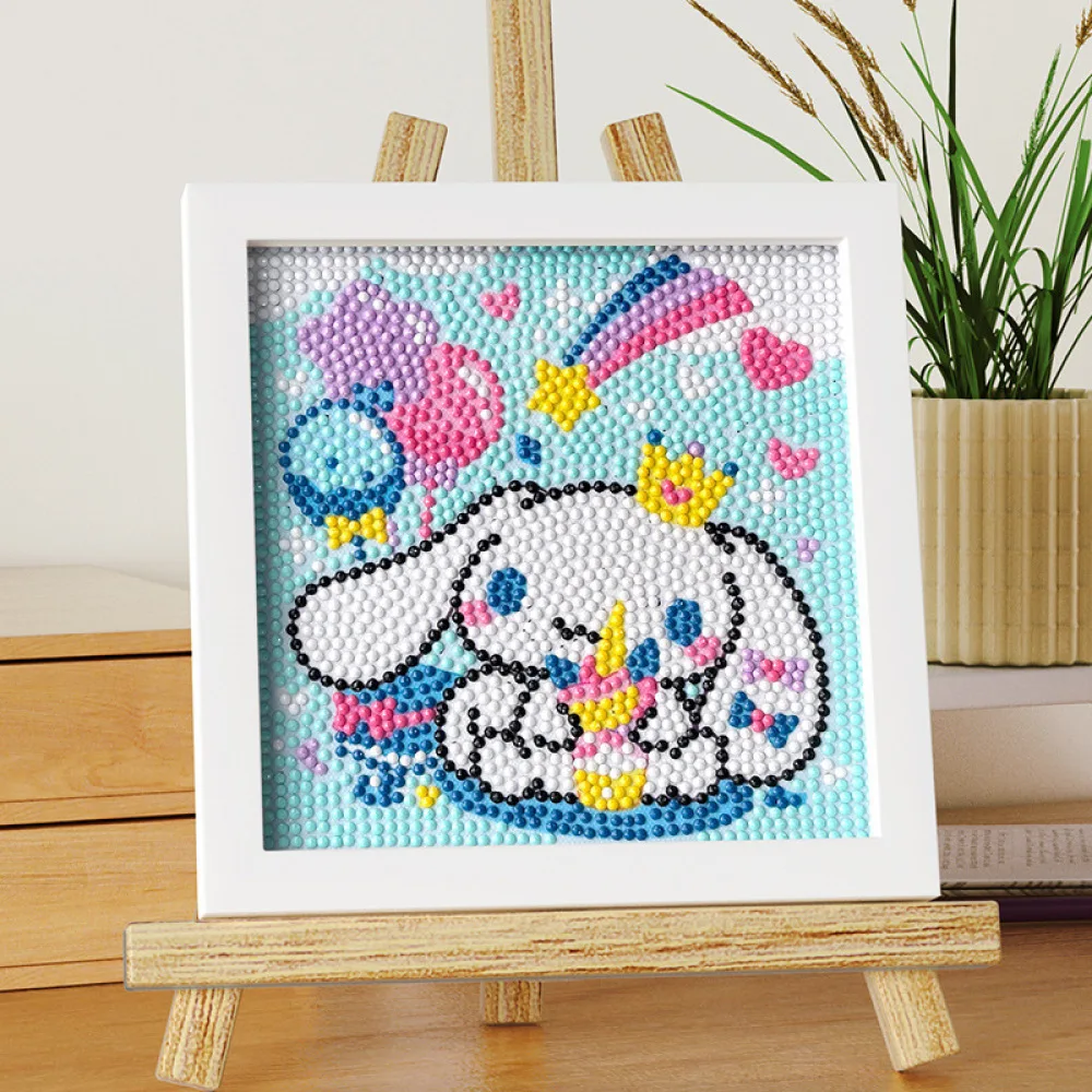 Pintura de diamante Sanrio infantil com moldura colar, animação artesanal dos desenhos animados, Point Drill, DIY