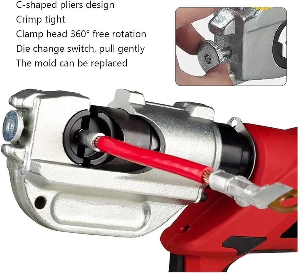 Alicates de Prensado hidráulico, cabezal giratorio, reinicio automático, molde para terminales de cobre y aluminio, 18V