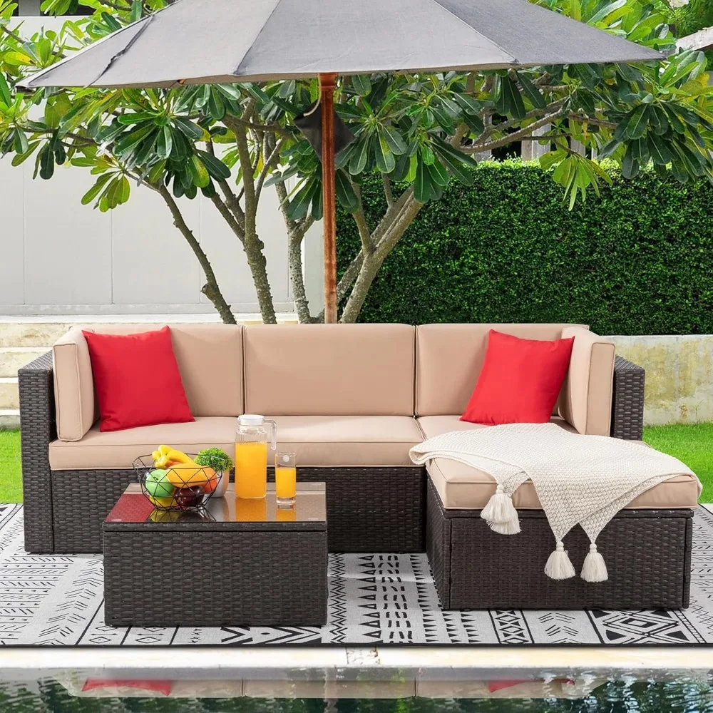 

5 Pieces Patio Furniture Sets Outdoor All-Weather Sectional Patio Sofa Set PE Rattan Manual Weaving Wicker Patio Conversation