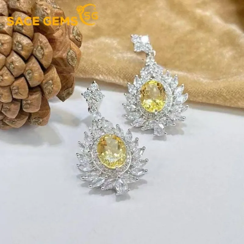 

SACE GEMS Fashion Jewelry Earrings for Women 925 Sterling Silver 7*9MM Natual Citrine Stud Earrings Wedding Party Fine Jewelry
