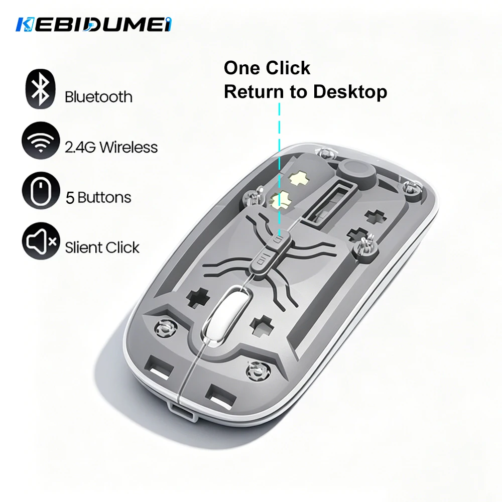KEBIDUMEI 2,4G Bluetooth-Funkmaus, transparente Maus, Ein-Klick-Rückkehr zum Desktop, 5 Tasten, Stummschaltung der Maus für Laptop, MacBook