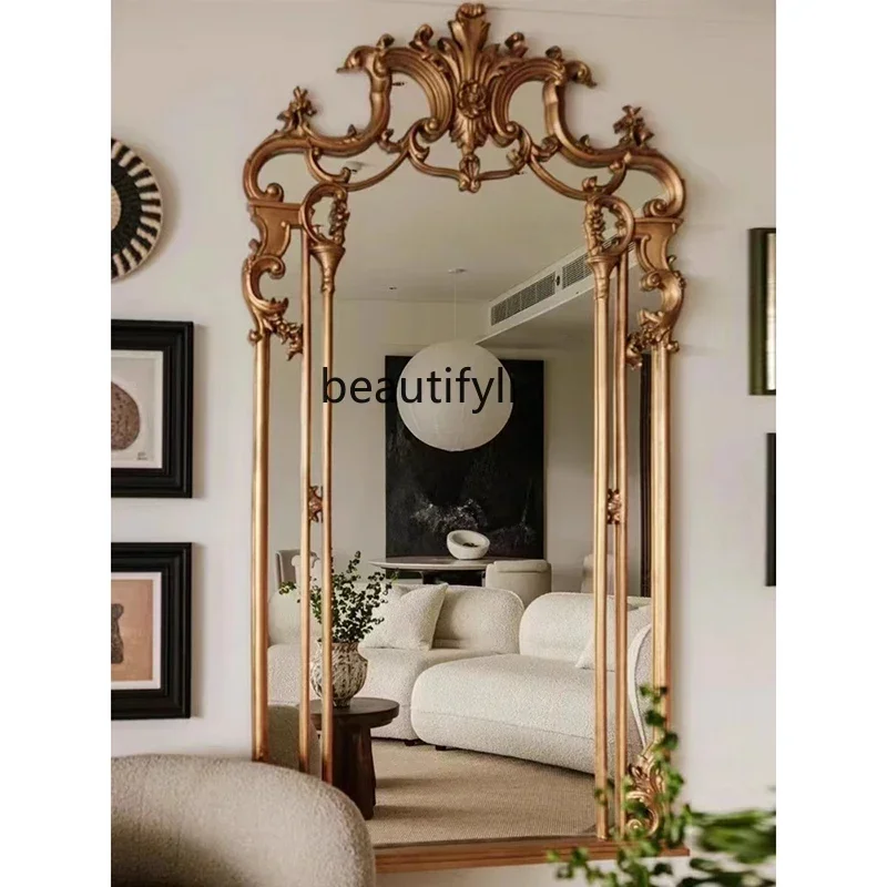 cqyFrench retro full-length mirror European wall-mounted full-length mirror Luxury solid wood carving flower floor