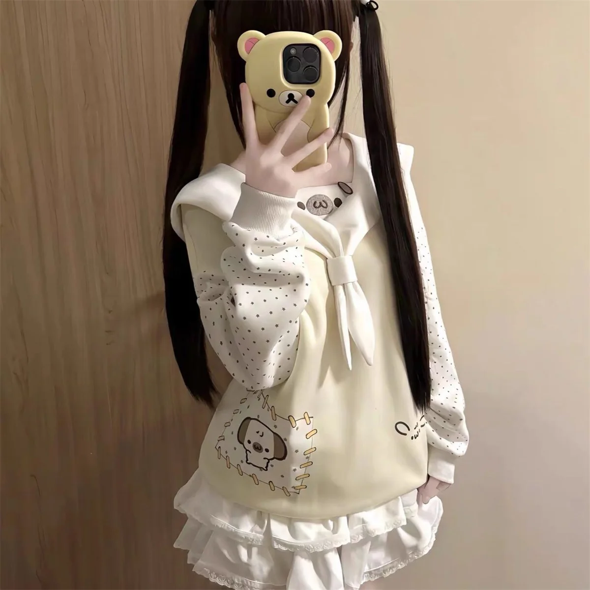 일본 만화 만화 강아지 프린트 ​ 여성용 스위트 세일러 칼라 참 스웨트셔츠 Y2K 에스테틱 물방울 무늬 로리타 후디