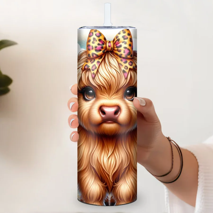 20oz Party Vacuum Tumblers Straw Lid 3D Print Christmas Highland Cow Festive Cups Stainless Steel Insulated Bottle Party Gift