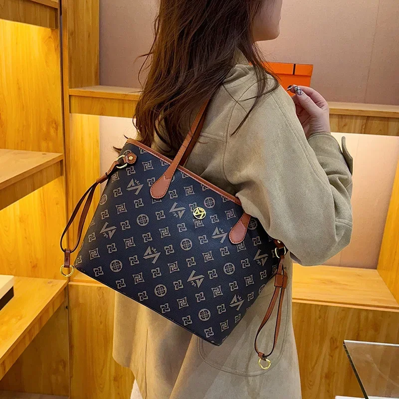 

2025 Новая женская модная сумка через плечо с ретро-принтом большой емкости - стильная повседневная сумка для покупок