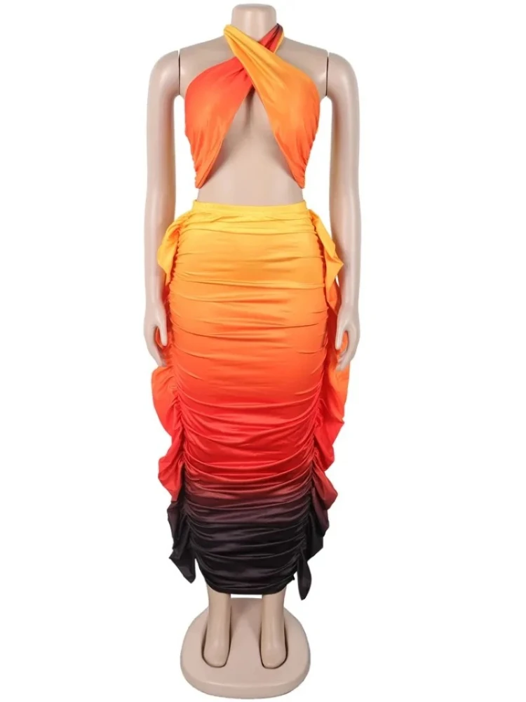 

Tropical Goddess Halter Neck Crop Top And Maxi Skirt Set Summer Women's Tie Dye Ruched Two-Piece Dress Night Clubwear