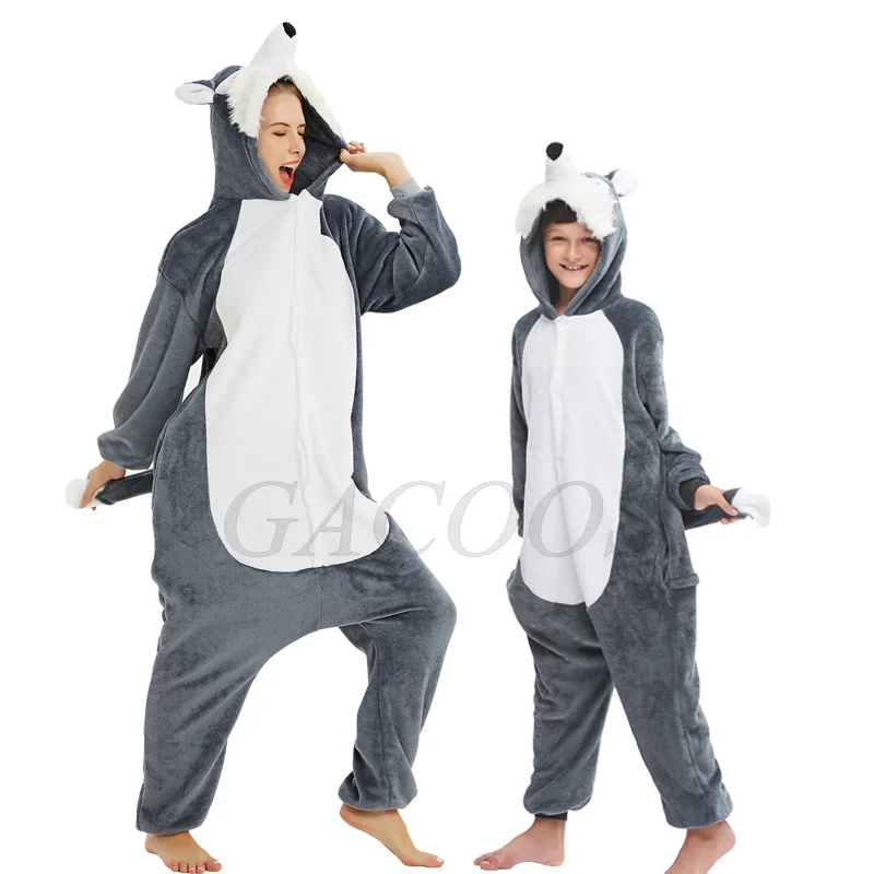 Kigurumi Animal Wolf Dog Onesies Women Men Adult Cosplay Pajamas One Piece Unicorn Tiger Costume Jumpsuits Winter Warm Overalls