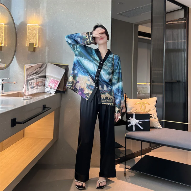 New Women's Pajama Suit Spring Autumn Long Sleeve Pants Korean Fashion Luxurious Printed Household Suit