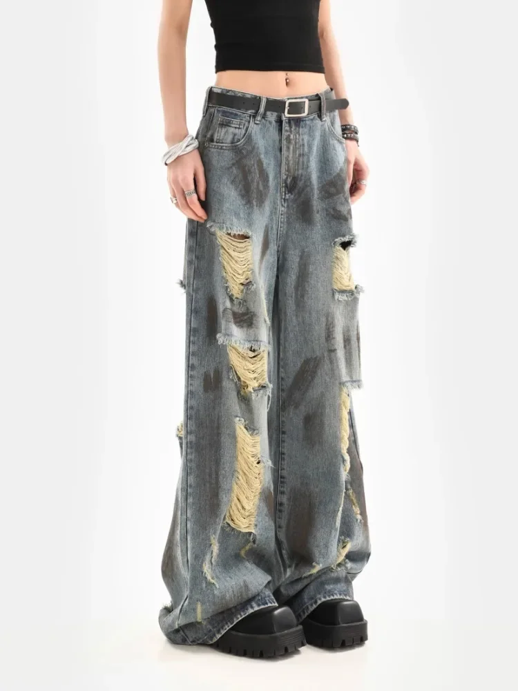 Wasteland Style Jeans for Women Retro Splashed Ink Ripped Summer New High Waist Slimming Wide Leg Mopping Trousers Streetwear