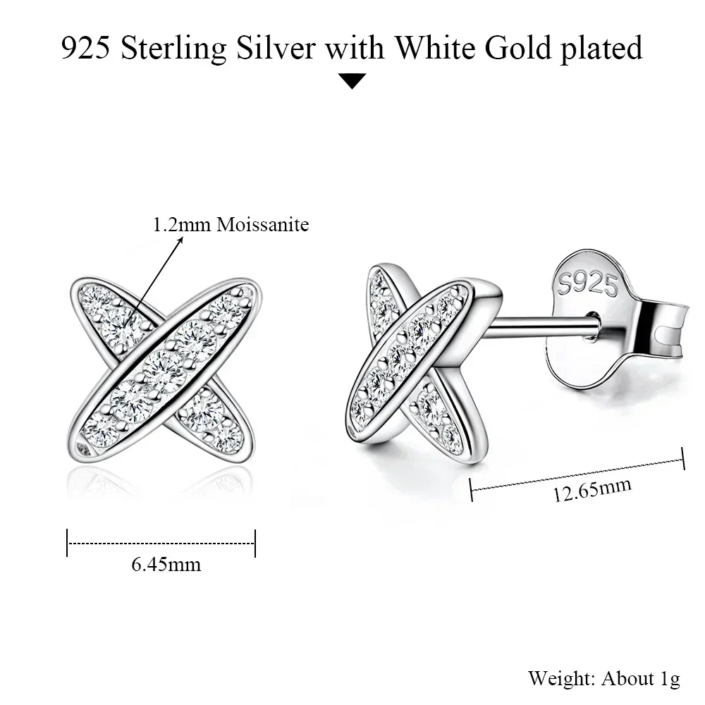 Pretty Beauty S925 Sterling Silver Moissanite Cross Stud Earrings White Gold Plated Diamond Earrings Fine Jewelry Gift for Women