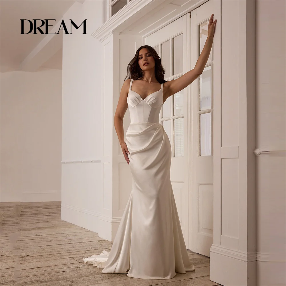 DREAM Pleat V-Neck Mermaid Wedding Dresses Spaghetti Straps Sleeveless Open Back Satin Bridal Gown Vestido De Noiva Customized