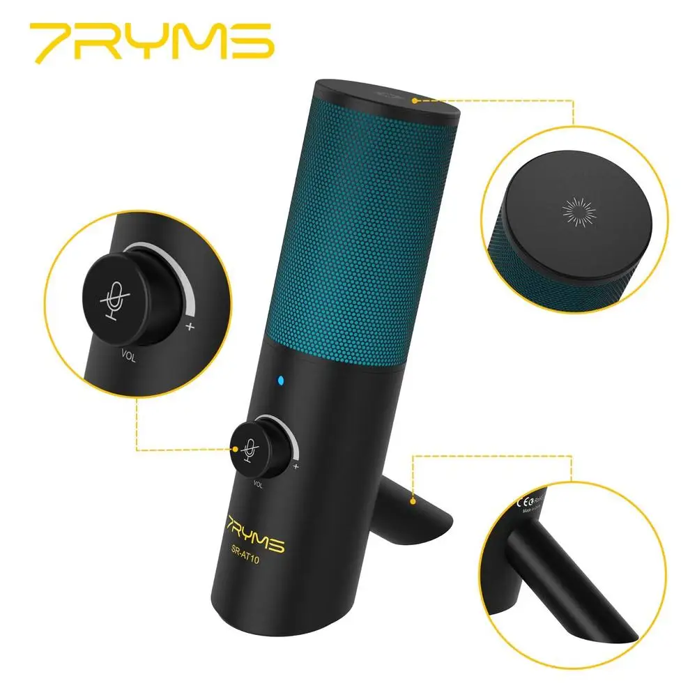 7ryms SR-AT10 rgb usb microfone para youtube tiktok desktop cardióide condensador podcast microfono gravação streaming microfones