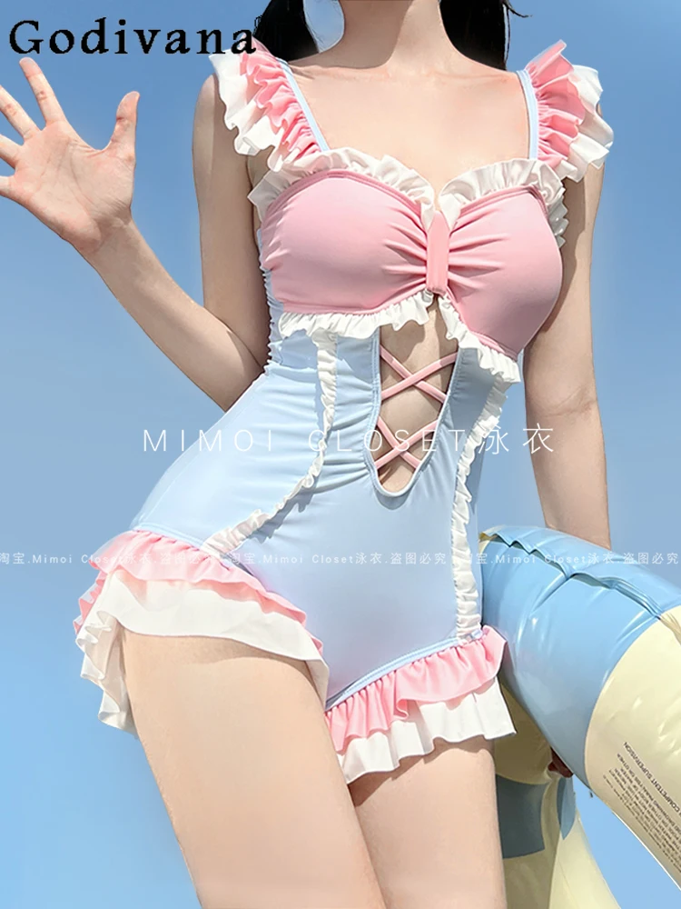 Japanese Girl Lolita Swimsuit Sweet Cute Kawaii Casual Beach Dress Sexy Fashion Ruffled Edge One-piece Women's Swimwear Summer