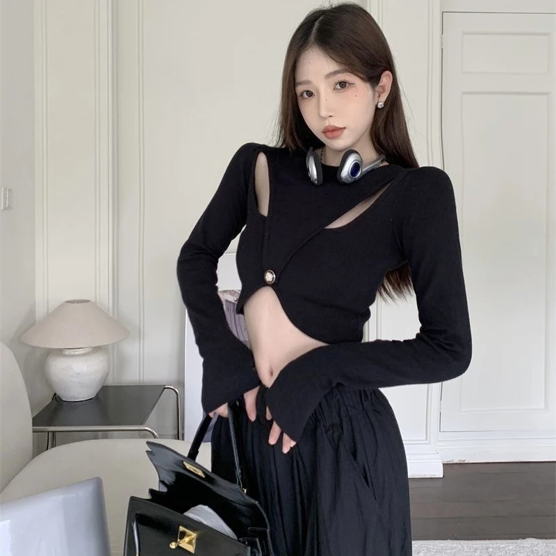 Hotsweet New Irregular Knitted Hollow Black T-shirts Women Fashion Slim Undercoat Long Sleeve Cropped Tops Y2K Girls