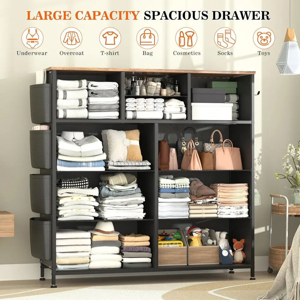 Dresser for Bedroom with 10 Drawers, Chest of Drawers with Side Pockets and Hooks, Fabric Storage Organizer Unit for Living Room