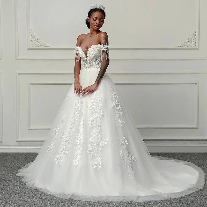 Customized White Ball Gown Wedding Dresses Tulle Appliques Off Shoulder Bridal Gowns Formal robe de mariée