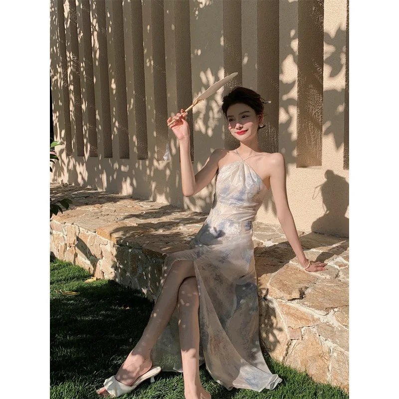 Halter Print Tie Dye Dress Dresses Spring Summer Chiffon Split Backless Slip Dress