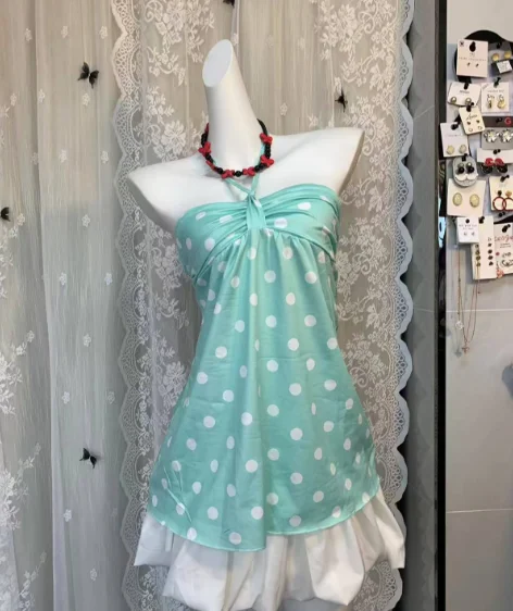 Retro American Y2K Camisole Tops Dress Women Polka Dot Printed Sleeveless Crop Halter Slim Fit Vest Summer Chic