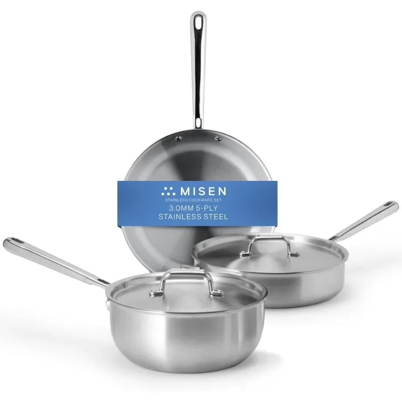 Misen 5-Ply Stainless Steel Cookware Set: 3 QT Stainless Steel Saucier with Lid, Saute Pan with Lid & 10