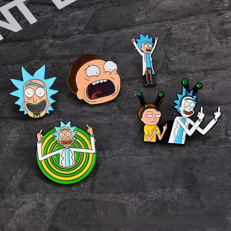 Metal badge pin decoration of Rick and Motyka brooch lovers around cartoon.