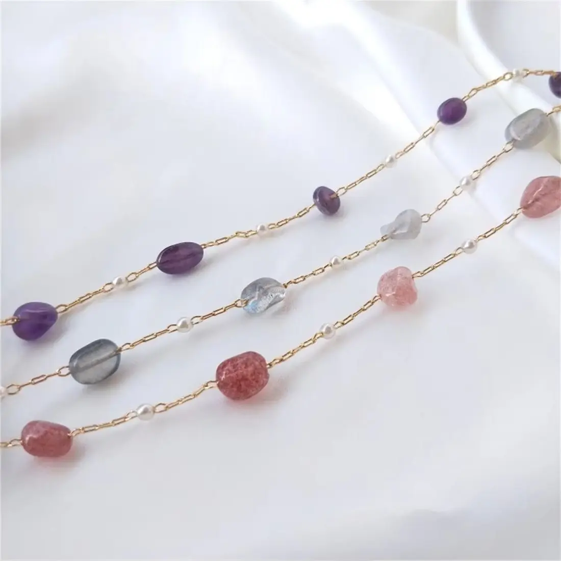 

14K Gold Plated Handmade Chain, Strawberry Crystal & Elongated Amethyst Rectangular Links, DIY Bracelet Jewelry Making Accessori