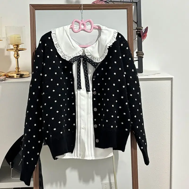 

Aurumn Winter Вязаный кардиган в горошек Женская белая рубашка Kawaii + черные свободные свитера Harajuku Модные лоскутные топы Новинка