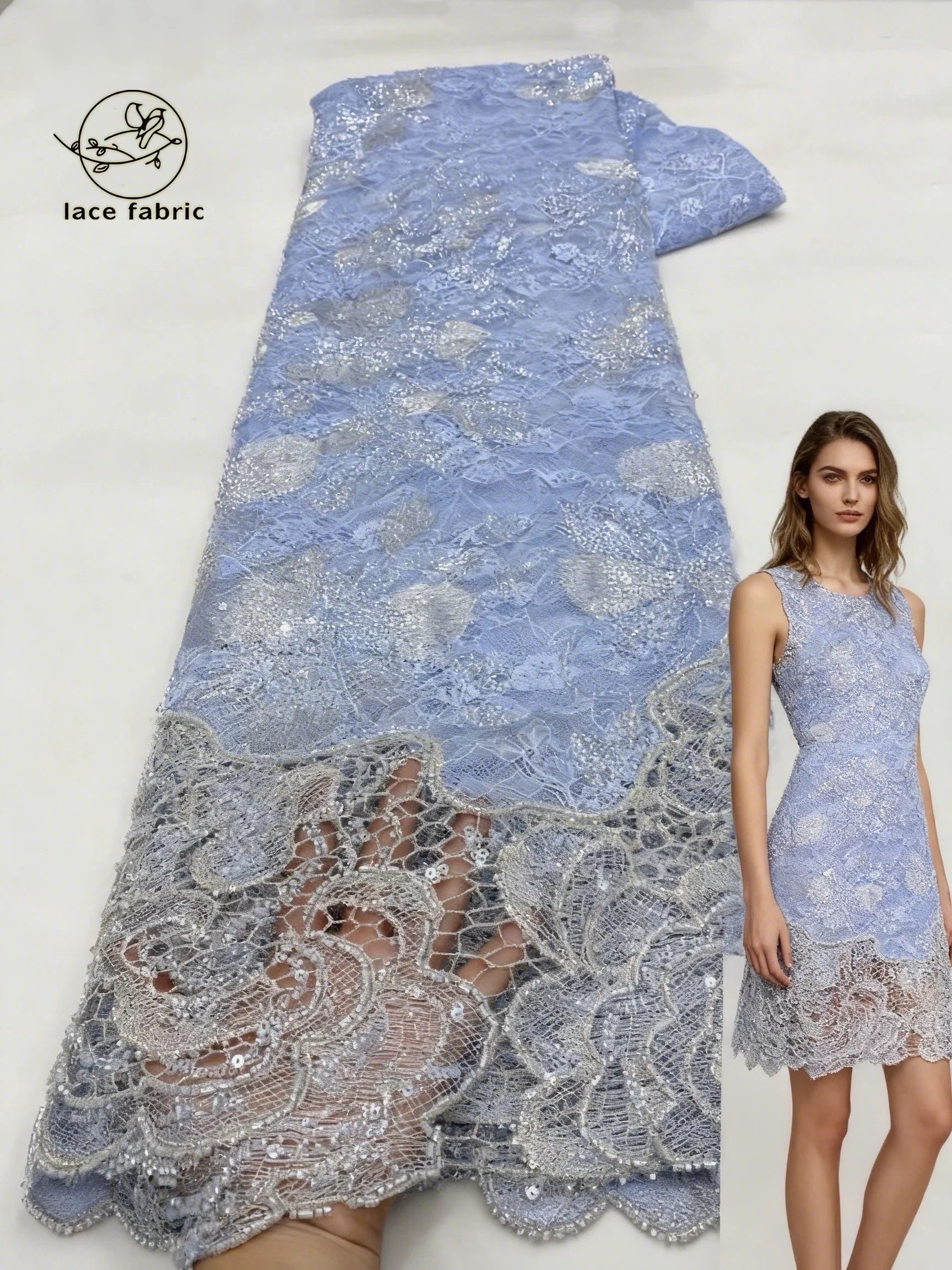 

Африканское нигерийское кружевное полотно с пайетками и бисером 2026, небесно-голубое, высококачественное французское тюлевое кружево для пошива свадебных платьев