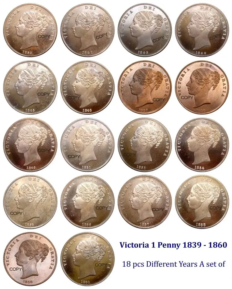 Great Britain Victoria 1 Penny 1839 - 1860 18 pcs Different Years A set of Red Copper Copy Coin Moneda Collectible Coins