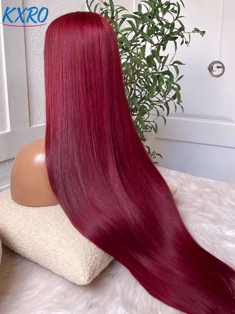 99j Burgunderrote Lace-Front-Perücke aus Echthaar, 40 Zoll, 13x4, glatte Lace-Frontal-Perücke, HD-transparente Spitze, rot gefärbte Perücke für Damen