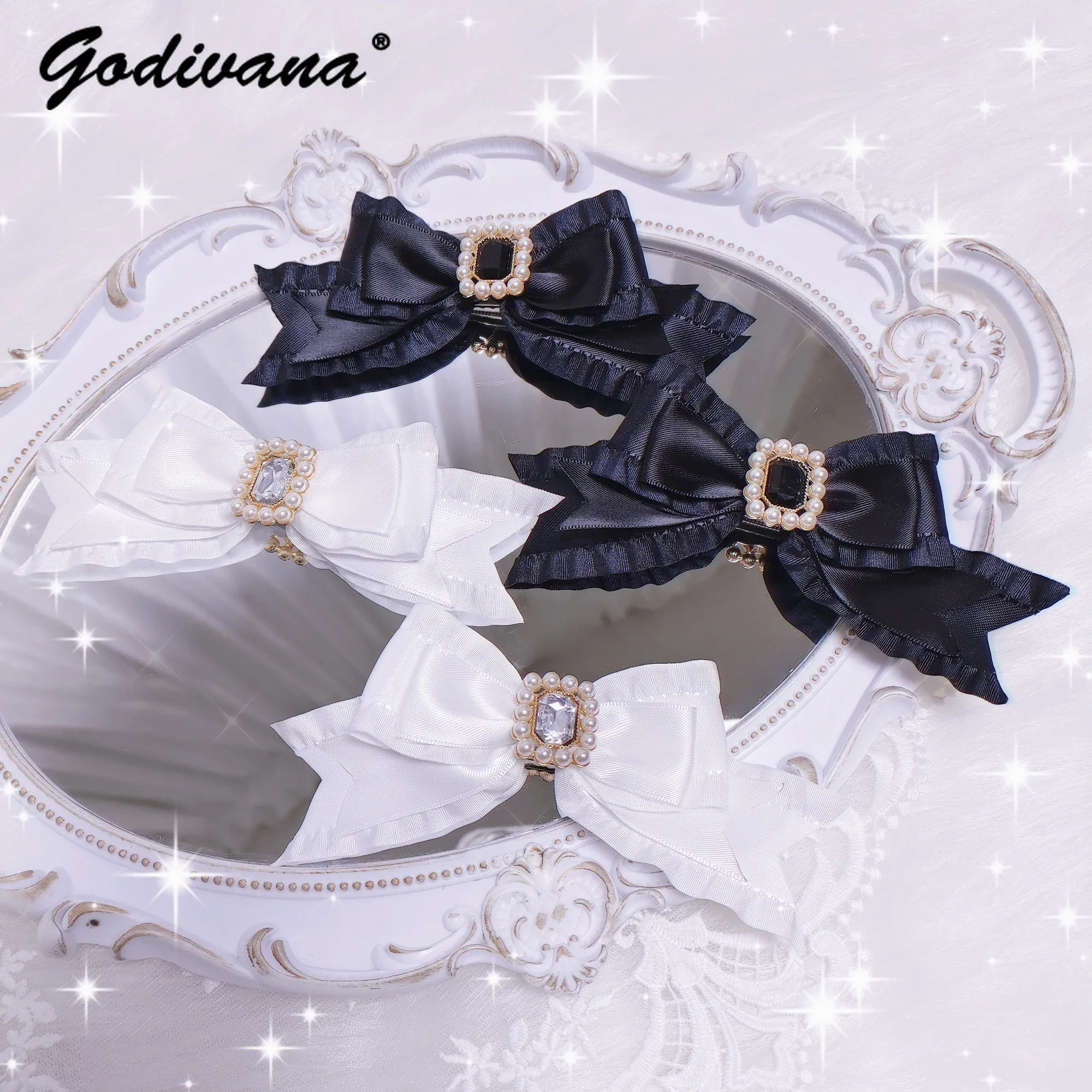 Japanese Mine Lolita Girls Pearl Rhinestone Bow Hair Clips Hair Accessories Headdress Female a Pair of Hair Clips Barrettes