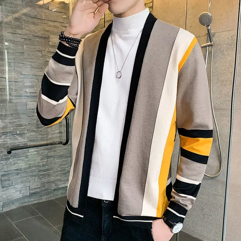 Cárdigan a rayas para hombre, abrigo de lana juvenil, cárdigan de invierno de talla grande, suéter de punto superior de moda coreana, primavera y