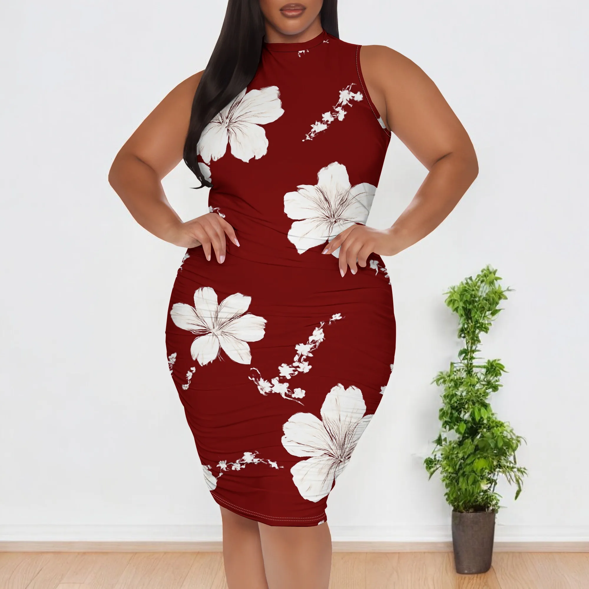 

Plus Size Wine Red Floral Dress XL-6XL Sleeveless Midi Bodycon Elegant Summer Dress for Church or Dinner Date