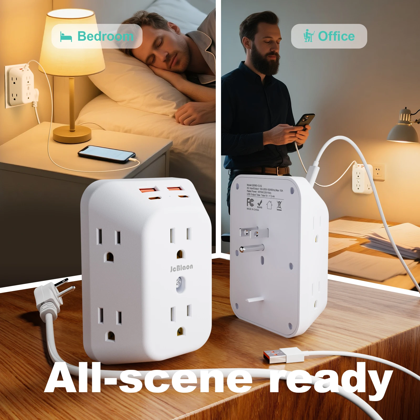 Power Strip USB Wall Charger Surge Protector with 6 Outlet Extender 4 USB Charging Ports (2A2C) , Wall Adapter Spaced for Home - view 3