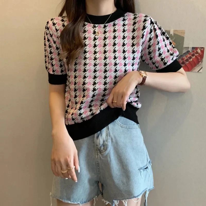 Chic Houndstooth Short Sleeve T Shirt Crop Top Slim Urbane Bird Lattice Aesthetic Summer Blouses For Women 2023 Free Shipping