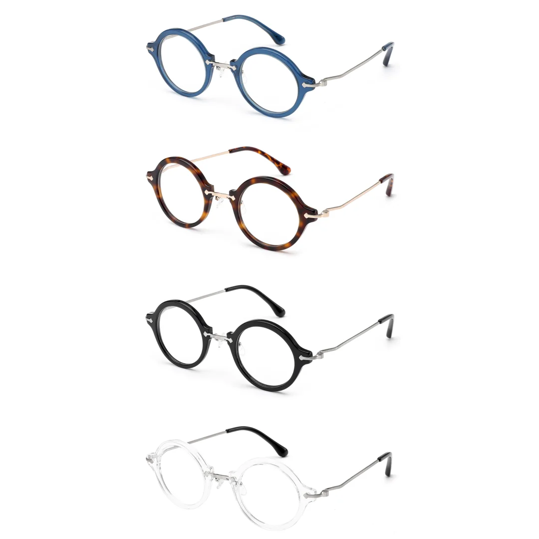 BETSION Acetate Round Eyeglasses Frame Metal Temple Composite Prescriptionc Women Men  Glasses Frame