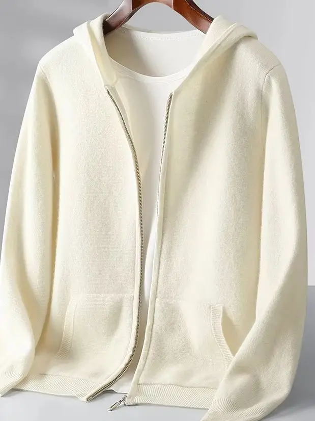 

Autumn Winter Men's Hooded Sweater Zipper Wool Thick Cardigan 100% Merino Wool Knitwear Casual Clothing Warm Soft Popular Tops