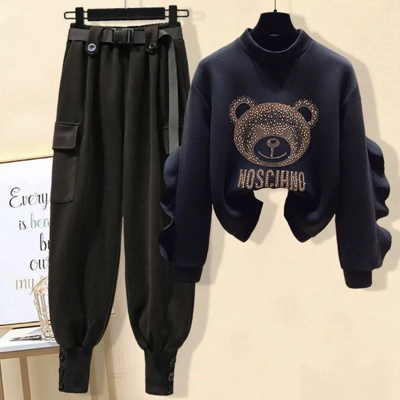 Women's Autumn Winter Tracksuit Suit 2023 New Casual O-Neck Long Sleeve Sweater+Cargo Pants 2 Piece Korean Elegant Matching Set