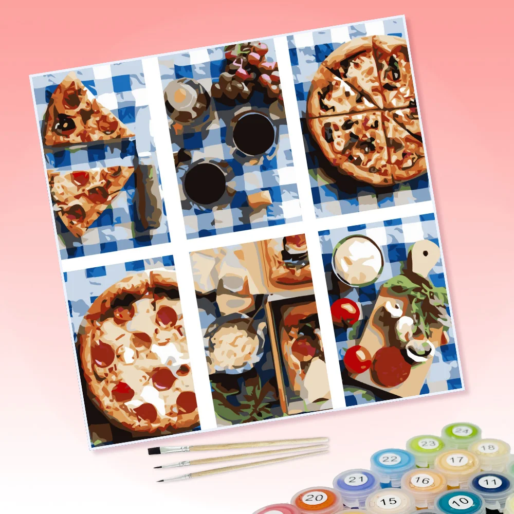 6 Stücke DIY-Malbilder mit Pizza, Früchten und Getränken, voller Picknick-Freude, geeignet für die Wanddekoration zu Hause. – Detail 1