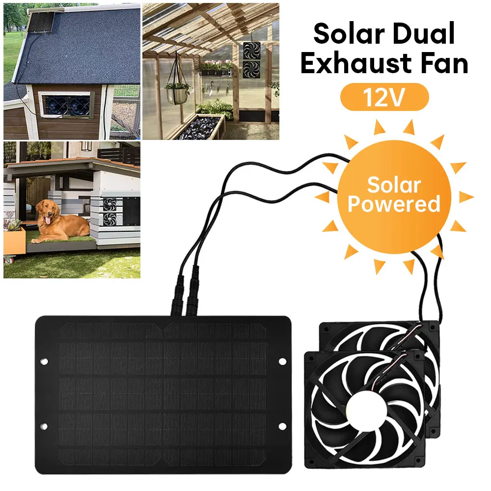 12V Solar Dual Exhaust Fan Mini Ventilator 10W Solar Panel Powered Fan Solar Panel Charger Waterproof Fans For Dog Chicken House