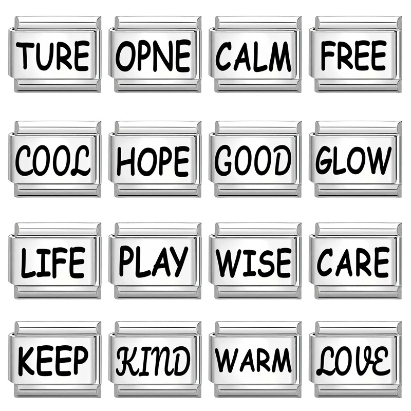 

Laser Engraving Black Words Love Hope Life Good Kind Italian Charm Links Fit 9MM Stainless Steel Bracelet Men Women DIY Making
