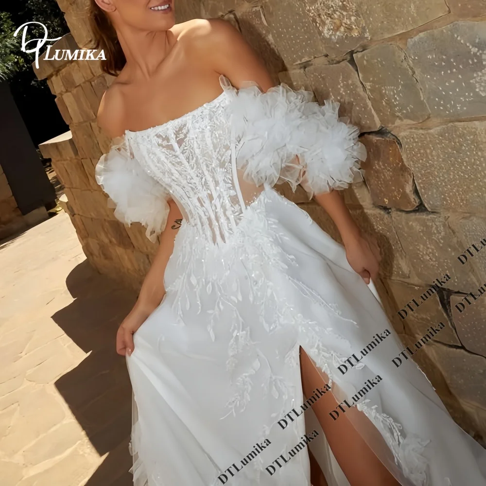 Customized Ruched Train A Line Wedding Dress French Style Long Bride Dresses with Off Shoulder Sleeves High Slit Bridal Gown