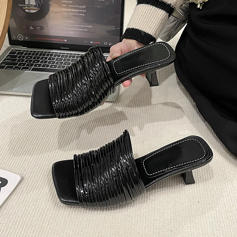 Sexy Lady Women Stripe Noodles Shaped Design Square Open Toe Stiletto Low Heels Slippers Shoes Woman Feast Casual Slippers Shoes - view 3