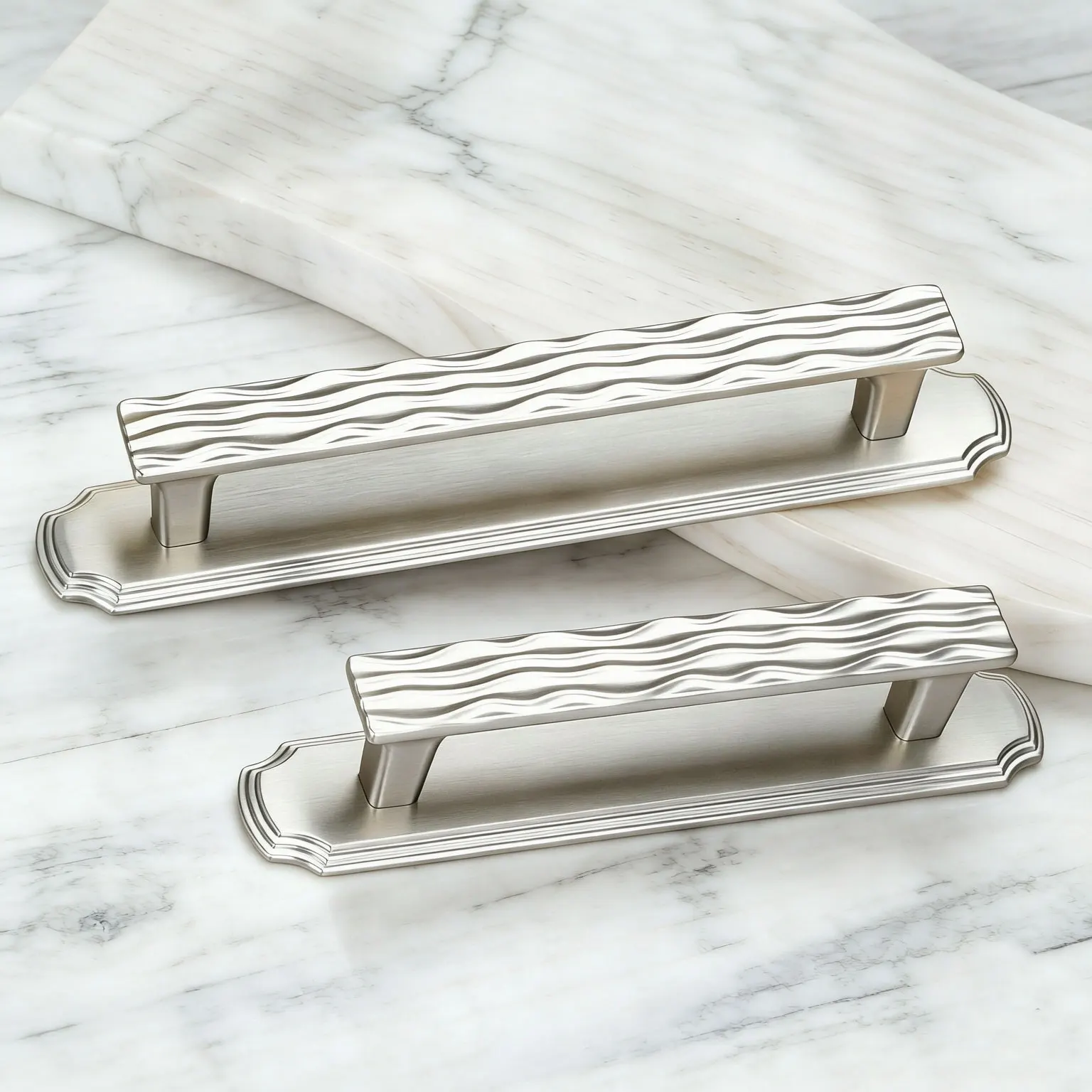 Matte Brushed Nickel Wave Cabinet Handles Modern Simple Wardrobe Pulls Square Drawer Knobs With Backplate Kitchen Accessories