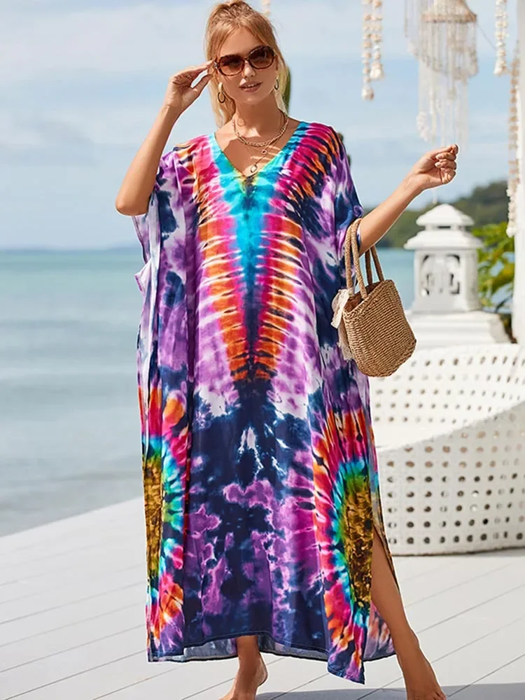 2025 new Tie Dye Beach Cover-Ups Women Swimsuit Cover Up Robe V-Neck Chic Plus Size Beach Long Dress Summer Fashion Beachwear