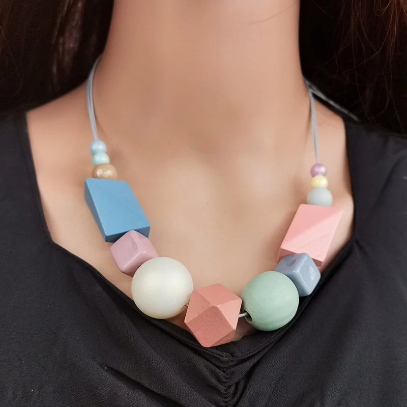 Cute Candy Color Geometric Wood Beads Pendants Necklaces for Women Adjustable Rope Chain Metal Free Anti Allergy Necklace
