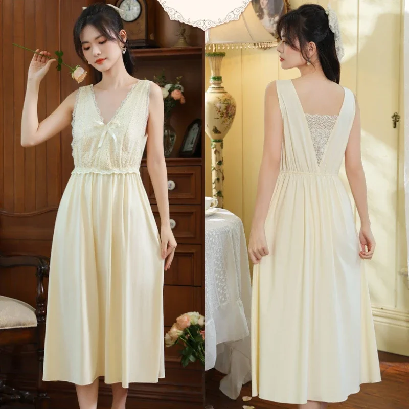 فستان نوم نسائي بدون أكمام صيفي دانتيل قطني طويل ثوب نوم مثير بياقة على شكل V فستان نوم نحيف بقصة منخفضة ملابس نوم للأميرات